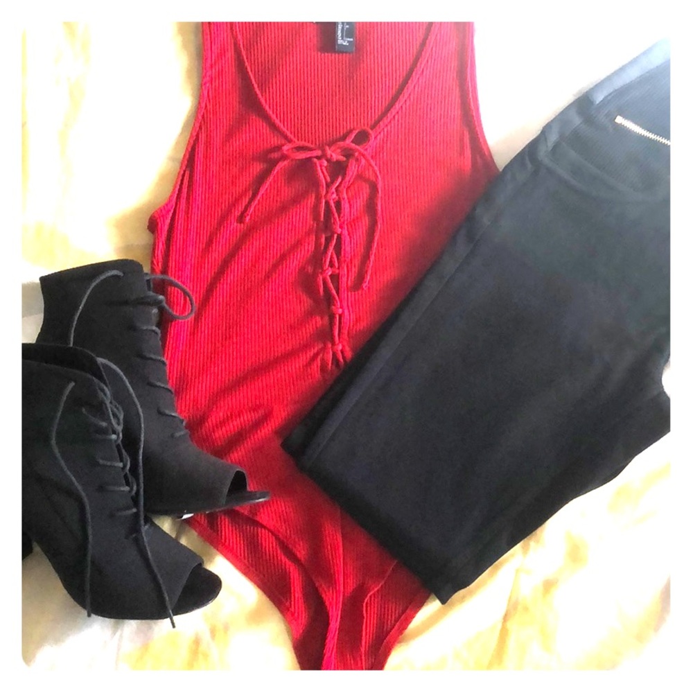 Beautiful Deep Red Sleeveless Lace Up Bodysuit